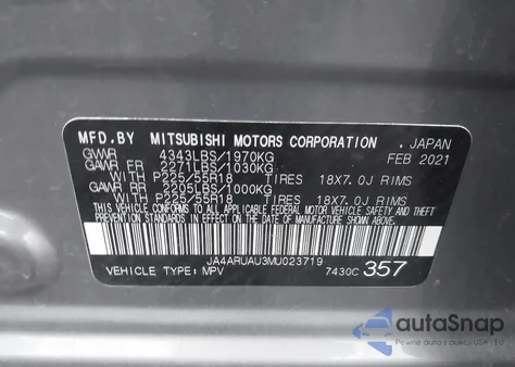 2021 Mitsubishi Outlander Sport 2.0 Be Awc/2.0 Es Awc/2.0 Le Awc/2.0 Se Awc из США, поврежденный, VIN JA4ARUAU3MU023719